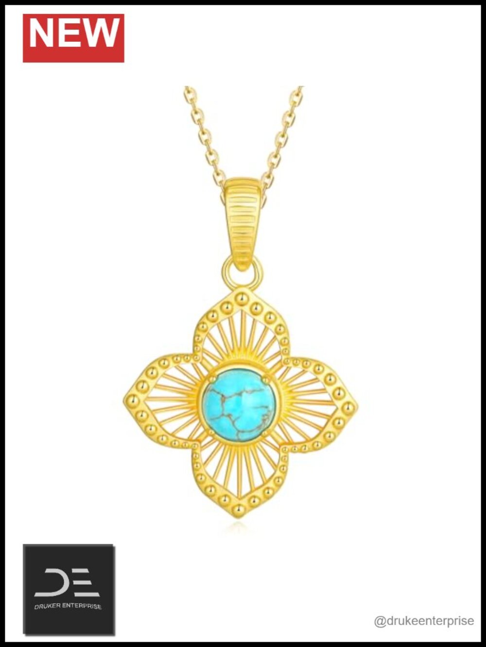 Genuine Turquoise Four Leaf Clover Pendant Necklace 925 Sterling Silver Gold